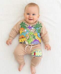 Βρεφικό Σετ Χοντρές Φόρμες Φούτερ, Μπλούζα και Παντελόνι με Σχέδιο Δεινόσαυρους - Μπεζ (111931)