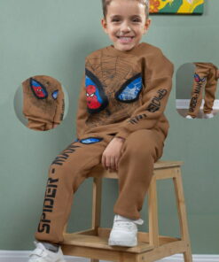 Βρεφικό Σετ Χοντρές Φόρμες Φούτερ, Μπλούζα και Παντελόνι με Σχέδιο Υπερήρωα - Καφέ (ΣΠΑΙ-112447)