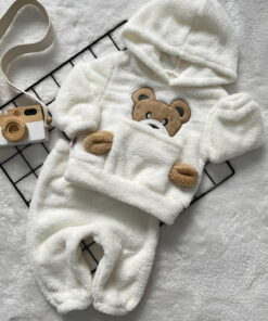 Βρεφικό Χειμερινό Σετ, Μπλούζα και Παντελόνι Fleece με Σχέδιο Αρκουδάκι - Άσπρο (112893)