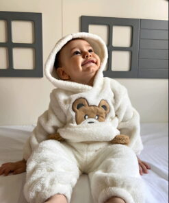 Βρεφικό Χειμερινό Σετ, Μπλούζα και Παντελόνι Fleece με Σχέδιο Αρκουδάκι – Άσπρο (112893)