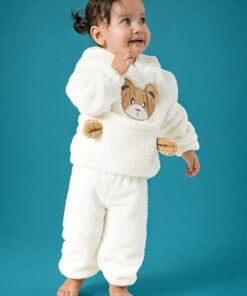 Βρεφικό Χειμερινό Σετ, Μπλούζα και Παντελόνι Fleece με Σχέδιο Αρκουδάκι - Άσπρο (112893)