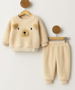 Βρεφικό Χειμερινό Σετ Μπλούζα και Παντελόνι Fleece με Σχέδιο Αρκουδάκι - Κρεμ (112591)