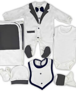 Βρεφικό Σετ Εξόδου 7 Τεμαχίων σε Σχέδιο Τύπου Σμόκιν - Λευκό (113468)